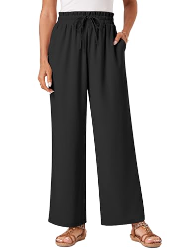 Glacspyg Damen Hosen Casual Flowy Wide Leg Freizeithose High Waisted Kordelzug Palazzo Hosen mit Taschen Schwarz S