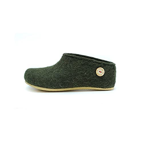 SNEGI Olive Green Wool Felt Handmade Slippers, Beige Rubber Sole, Unisex Hygge Comfortable Natural Shoes2