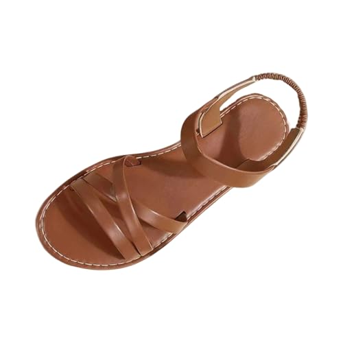 Sandale Femme Nu-Pieds Cuir Plates - Chaussures Été Femme Sandale Vintage Basique Glamour, Women Sandals Décontractée Vacances Travail Marron 38