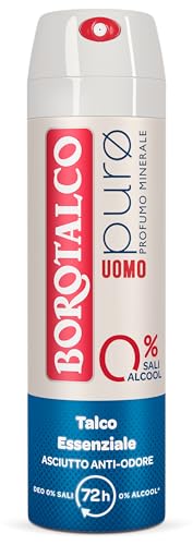 Borotalco, Desodorante puro para hombres, con talco adicional, fórmula sin alcohol y sales de aluminio, antihorror seco, perfume mineral, eficacia 72 h, 1 botella de 150 ml