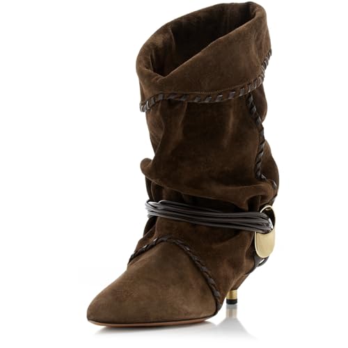 Womens Black Solid Slouchy Boots 2025 Ruched Mid Calf Kitten Heel Pointed Toe Pull On Boots