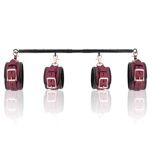 Spreader Bar Heavy Duty Stainless Steel Adjustable Bar with 4 pcs PU Cushioned Straps for Yoga Pilates Fitness Training Home Gym Equipment and more. (Wine Red)