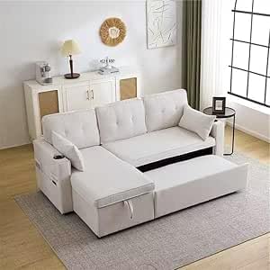 Sponsored Ad โ 3 Seater Sofa, L Shape Sofa Bed, Corner Sofa Bed with Storage, Pull Out Sofa Bed with Cup Holders, Pillows and Storage Pocket for Living Room/Office, Beige