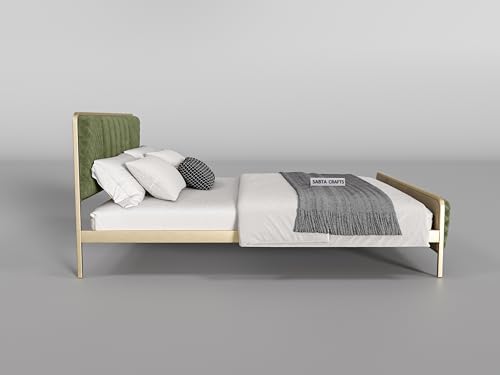 Image of Modern Upholstered Double Size Bed for Bedroom | Metal Double Bed | Platform Cot Bed with Upholstery Premium Fabric | 6.5 x 4 Ft | Powder Coated Metal Bed | Green