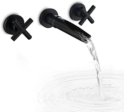 TVANE Matte Black Brass Bathroom Faucet, Wall Mount Faucet 2-Handle Bathroom Sink Wall Faucets with Rough in Valve Included