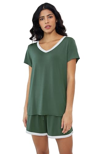 Image of Joyaria Cooling Pajamas Bamboo Viscose Women Short Sleeve V Neck PJ Shorts Set