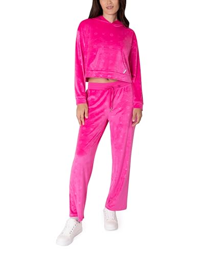 Paris Hilton Women's Lounge Set Embellished Velour Pullover Hoodie and Wide Leg Pants, Hot Pink, X-Large