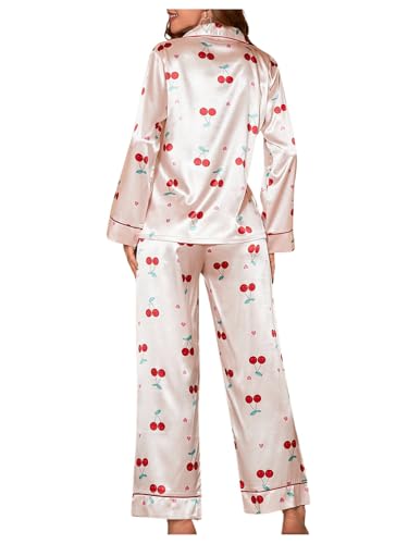 WDIRARA Women's 2 Piece Satin Sleepwear Cherry Print Long Sleeve Sleep Shirt and Pants Pajama Set2