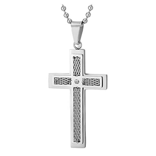 COOLSTEELANDBEYOND Stål herr kors hänge halsband inbäddat med stålnät och CZ, 60 cm bollkedja