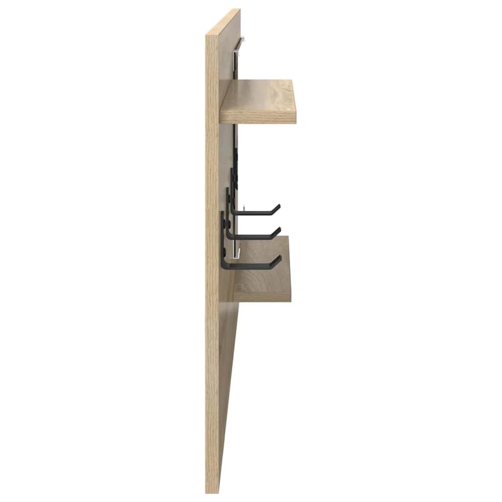 Sonoma Oak Wall Mounted Shelf with Mirror and Hooks | Made of engineered wood measuring 35.4x3.9x19.7 inches, featuring 2 storage ledges for entryway or bathroom organization.