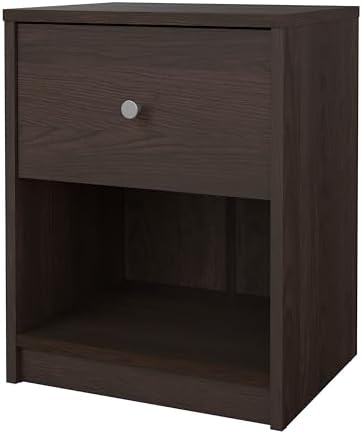 Tvilum, 1 Drawer 1 Shelf Nightstand, Bedroom Furniture, Silver Drawer Knobs, Dark Brown