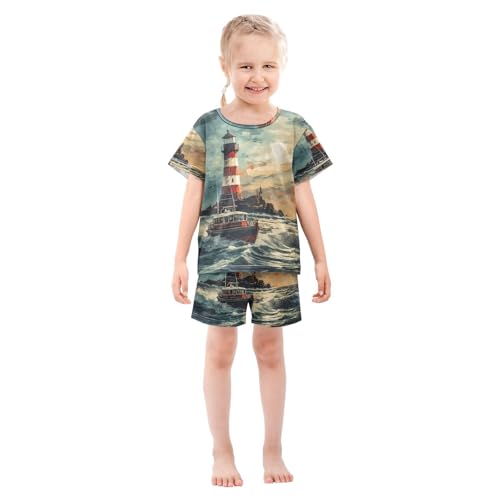 ALAZA Nautical Lighthouse and Boat Pajama Set Short Sleeve Sleepwear Soft Lounge Nightwear3