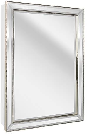 Head West Champagne Modern Bathroom Decor for Wall in Silver Beaded Framed Medicine Powder-Coated Steel Cabinet with Crafted Beveled Edge Mirror Along with Adjustable Glass Shelves- 22"x 30"