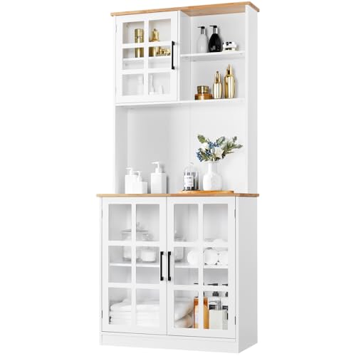 Yaheetech Alacena de Cocina Mueble Buffet Armario de Cocina Aparador de Almacenaje con Puertas de Vidrio, Estantes Ajustables 80 × 37 × 183 cm