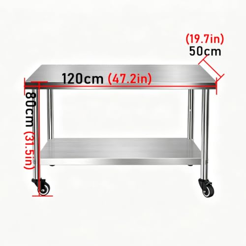 Mesa de acero inoxidable con ruedas de dos niveles con refuerzo estructural triangular 8