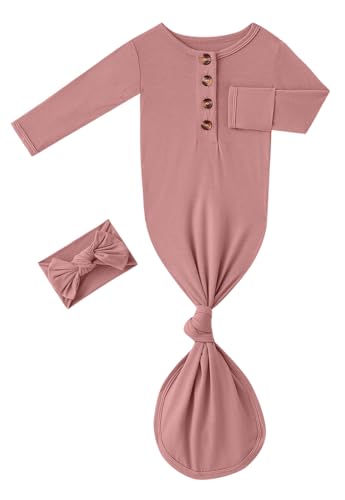 Image of Newborn Baby Boys Girls Knotted Gown Headband/Hat Set Clothes Bamboo Viscose Soft Sleeper Sleep Gown with Mittens