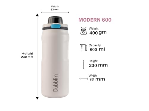 Image of Dubblin Modern Water Bottle 600 ML | Double Wall Vacuum Insulated Stainless Steel Bottle | Keeps Water Hot & Cold | No Sweat | Leak Proof | BPA Free (White)