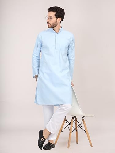 Image of HUZUR Men's Cotton Full Sleeve Long Knee Length Kurta Pajama Comfortable Wear for Festival and Occasion like Holi,Diwali,Eid,Haldi,Mehendi and Wedding