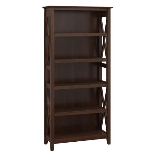 Bush Furniture Key West Bookcase Shelf | Open Bookcase in Bing Cherry | Farmhouse Display Cabinet for Library, Bedroom, Living Room, Office | Tall Accent Cabinet