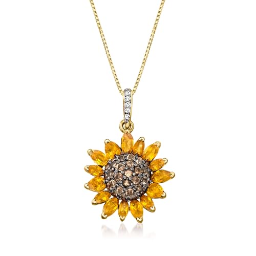 Ross-Simons 1.70 ct. t.w. Citrine and .80 ct. t.w. Smoky Quartz and .10 ct. t.w. White Topaz Sunflower Pendant Necklace in 18kt Gold Over Sterling. 18 inches