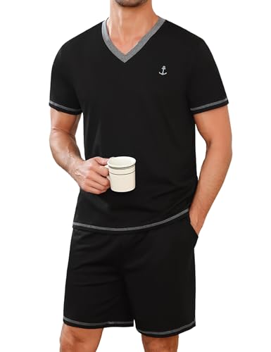 Marvmys Pijamas Hombre Verano Corto Conjunto Algodón Cuello en V Manga Cortas Tops Pijama Pantalones con Bolsillo S-3XL