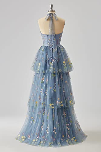 Cudiew Flower Embroidery Tulle Prom Dress for Women Halter Formal Floral Party Gowns Floor Length3