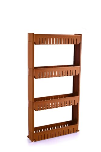 Image of JD FRESH 4-Tier Slim Rolling Storage Organizer Rack /Fridge Side Storage Rack /Plastic Trolley Storage Stand with Wheels /Floor Standing Cabinet for Bathroom and Kitchen Corner Area (Brown)