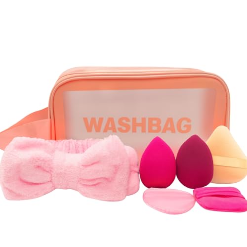 Kit Necessaire, Kit de Maquiagem Profissional, 7 Peças com Necessaire Transparente, Esponjas, Faixa para Cabelo, Conjunto para Beleza e Skincare
