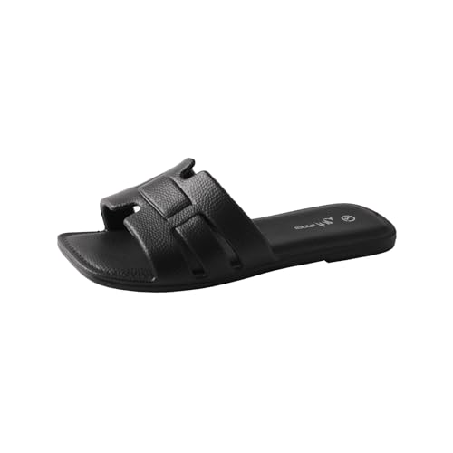 TMA EYES Women's Open Toe Flat Slippers Fashion Beach Slides for Summer(Black，5)