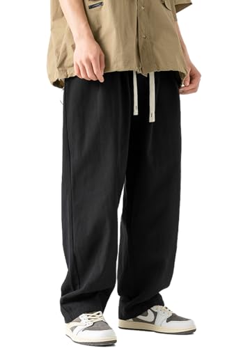Men's Casual Cotton Pants Loose Fit Elastic Waist Drawstring Twill Straight Leg Chino Pants Tapered Trousers