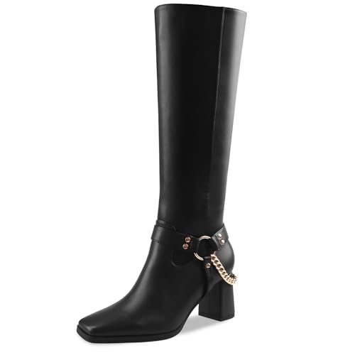 Oh Mispares Knee High Boots Slim Calf Square Toe Chunky Heel Narrow Calves Boots for Women Skinny Legs - Faux Leather Fall Winter Dress Riding Moto Tall 3 Inches Heels Boots for Girls