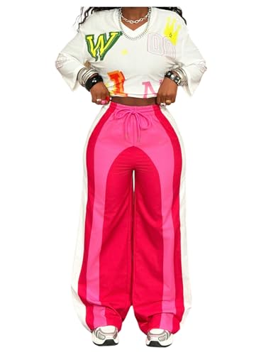 GORGLITTER Women's Colorful Oversized Baggy Pants Y2K Drawstring Waist Wide Leg Striped Streetwear Trousers - Main Image