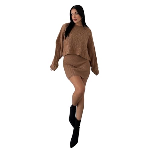Image of My Bee Ladies Dresses Sweater Skirt Suit, Women’s Long Sleeve Dress, Knitted Dresses, Long Sleeve Sweater Dress (UK, Alpha, One Size, Regular, Regular, Standard, Camel)