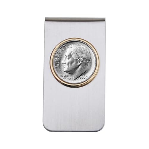 US 1960 Roosevelt Dime 90% Silver BU Uncirculated 10 Cent Coin Two Toned Stainless Steel Money Clip New