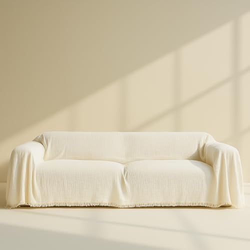 Image of NORTHYGGE Sectional Sofa Cover%100 Natural Cotton, Washable Couch Covers for Loveseat, Futon, Sofa, Sectional L Shape, U Shape, 4 Layered Muslin Boho Couch Cover Widths (Cream, 71x134/180x340cm)
