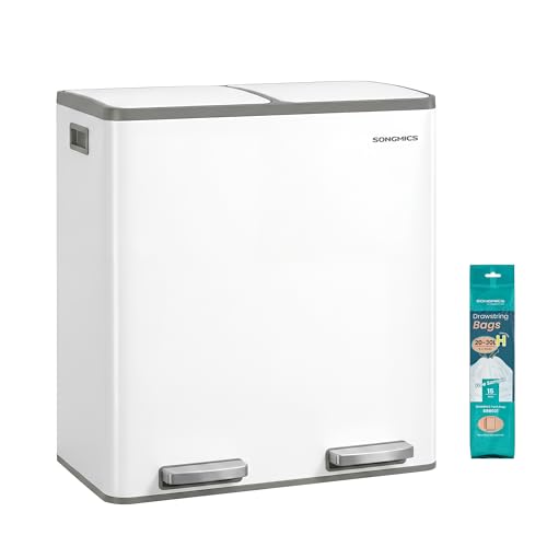 Image of SONGMICS Trash Can, Double Compartment Garbage Can, Stainless Steel | 2 X 8 Gallon (2 x 30 L) for Recycling, with 15 Liner Bags, Soft-Close Lids, Removable Buckets, White ULTB160WZ01