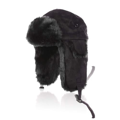 Winter Trooper Hat Ushanka with Faux Fur Waterproof and Windproof Aviator Trapper Cap for Skiing Hunting Cold Weather (Black)