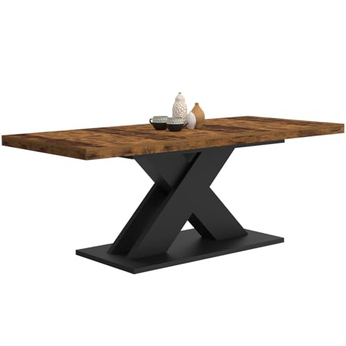 IDMarket - Table à Manger Extensible Rectangle Alicia 6-10 Personnes Plateau Bois foncé Hawkins et Pied X Noir 160-200 cm