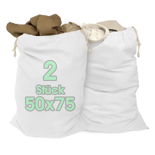ELES VIDA® - Wäschesäcke 50x75 cm 2 Stück aus 100% Baumwolle - Extra große Wäschebeutel - langlebig, Mit Kordelzug, Reise Wäschesammler Wäschebox Kleidersack Aufbewahrung in Weiß