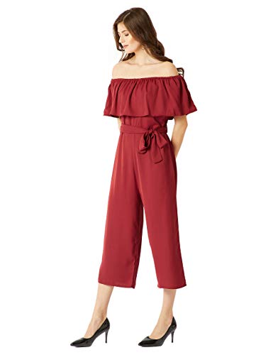 Image of Miss Chase Women's Blue Off-Shoulder Ruffled Midi Jumpsuit
