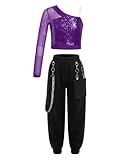 Xnihocha Conjuntos de disfraz para niñas Hip Hop ropa de baile para niños con lentejuelas, camisetas de manga larga con pantalones, traje de baile de fitness, morado, 158-164