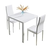 Jooli Glass Table and Chairs Set 2, 75cm Square Table with 2 Faux Leather High Back Chairs Modern Dining Room Sets for Home Kitchen Office, White