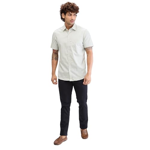 Image of Colorplus Men's Regular Fit Print Pattern Pure Cotton Plain Collar Half Sleeve Casual Shirt