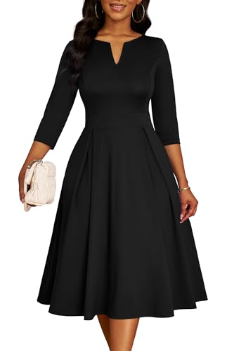 Image of Nmoder Midi Dresses for Women, Semi Formal Fit and Flare 3 /4 Sleeve V Neck Work Dress with Pockets