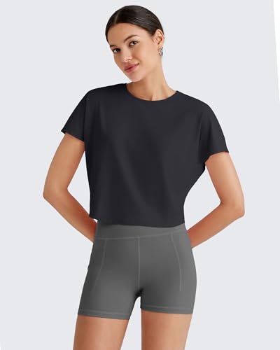 G4Free Workout Tops for Women Short Sleeve Loose Fit Yoga Shirts Summer Breathable Wicking Running Gym Athletic Tees(Black,XS) — view 2