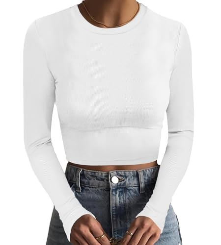 DUOEASE Crop Top Femme Slim Fit Col Rond Haut Manche Longue Femme Slim Fit T-Shirt Sexy Blanc-XS
