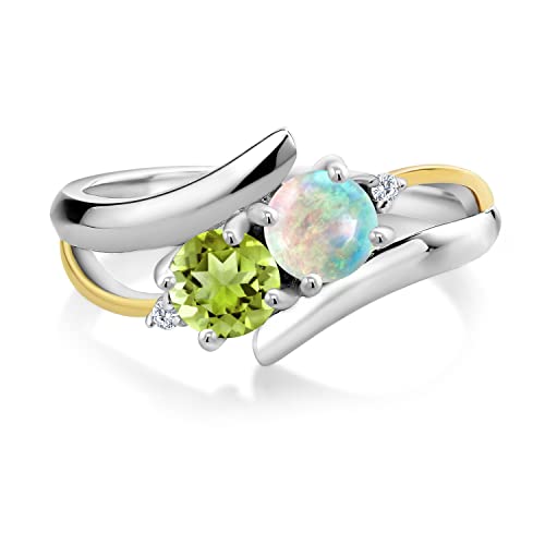 Gem Stone King 925 Sterling Silver and 10K Yellow Gold Round Cabochon White Simulated Opal Green Peridot and Lab Grown Diamond 2 Stone Crossover Ring For Women (1.07 Cttw, Available 5,6,7,8,9)3