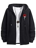 WDIRARA Men's Rose Print Zip Front Drawstring Hoodie Long Sleeve Pocket Sweatshirt Black M