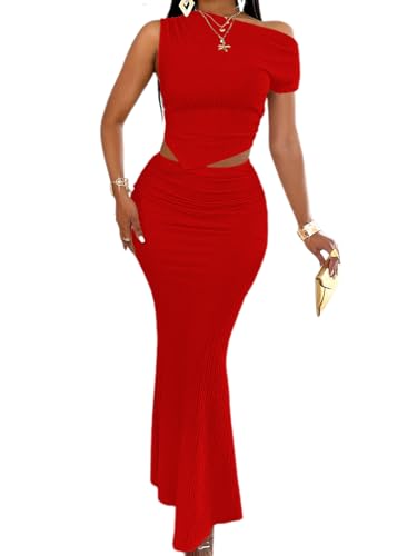 Image of BARASA Two Piece Sets For Women Summer One Shoulder Tops Bodycon Maxi Skirt Set Vacation Sexy Outfits DSA75