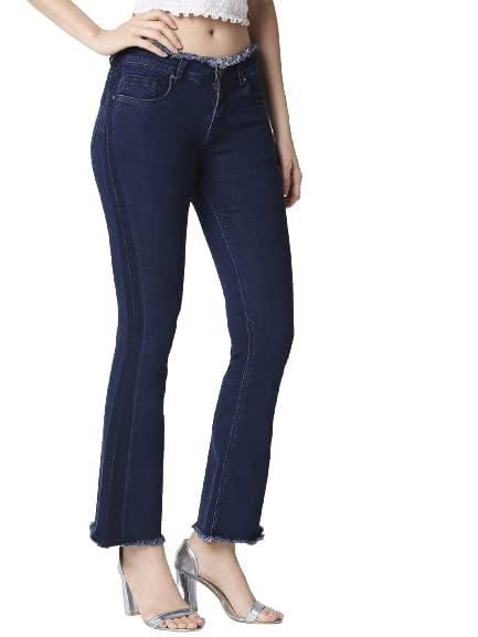 Image of HIGH Star Women Blue Bootcut Frayed Hems Stretchable Jeans